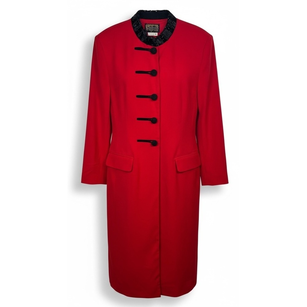 Vintage 1990s Champagne Italy Red Beaded Collar Long Dress Coat – Size 12